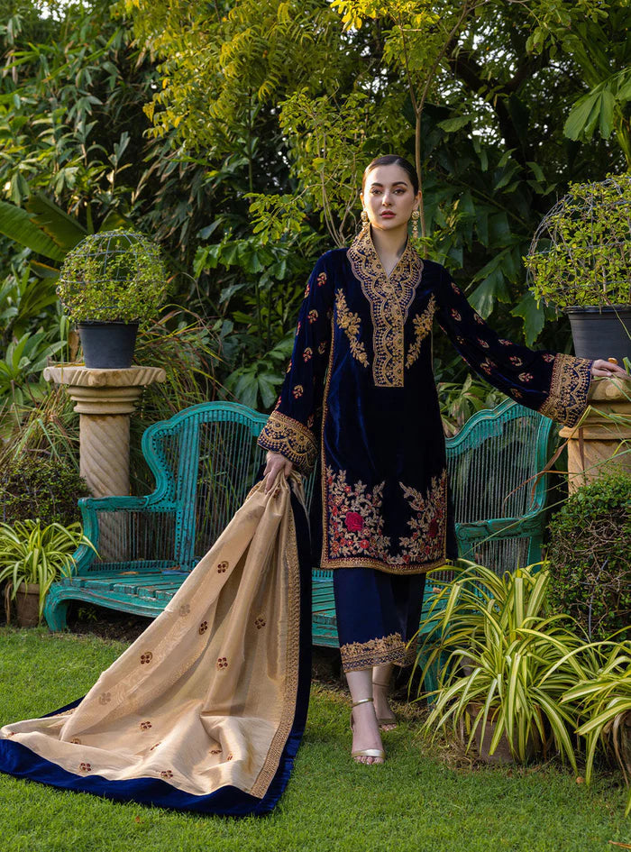 3-Piece Unstitched Heavy Embroidered Velvet Suit - zab980