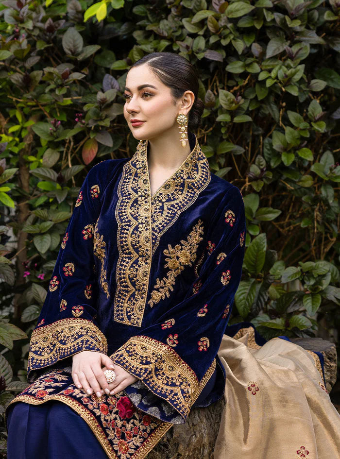 3-Piece Unstitched Heavy Embroidered Velvet Suit - zab980