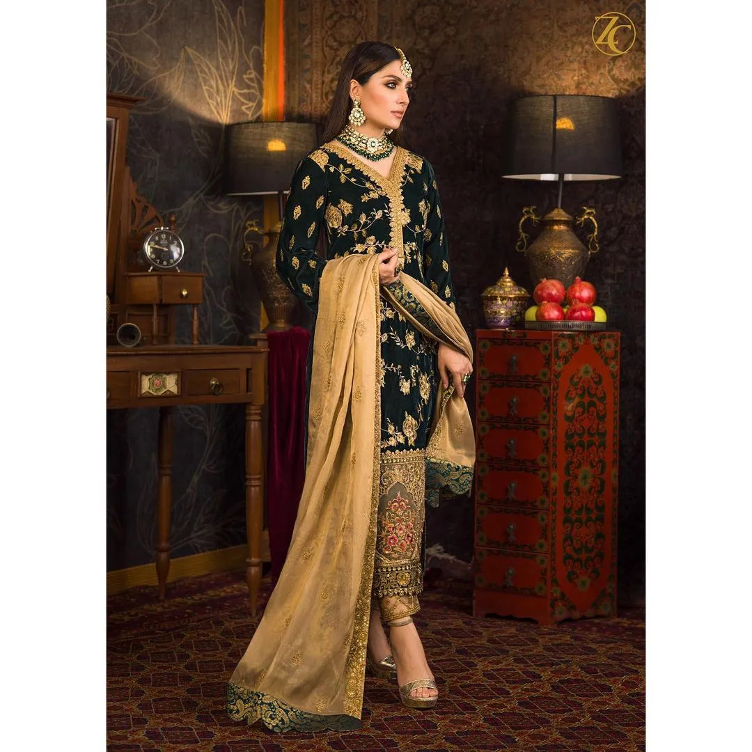Velvet Heavy Embroidered Shirt With Organza Heavy Embroidered Dupatta - zab983