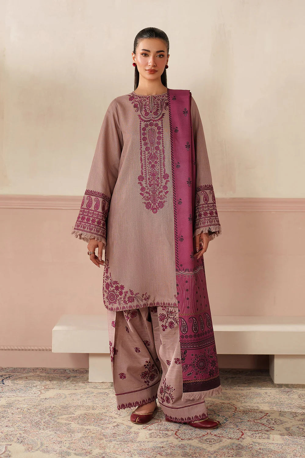 Baroque - 3PC Dhanak Embroidered Suit - zab1270