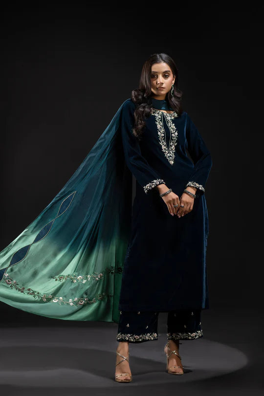 ZAB Embroidered Velvet Dress with Embroidered Karandi Shawl - zab990