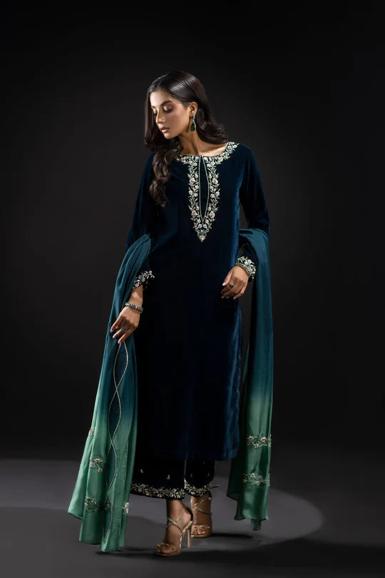 ZAB Embroidered Velvet Dress with Embroidered Karandi Shawl - zab990