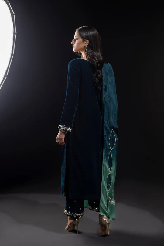 ZAB Embroidered Velvet Dress with Embroidered Karandi Shawl - zab990