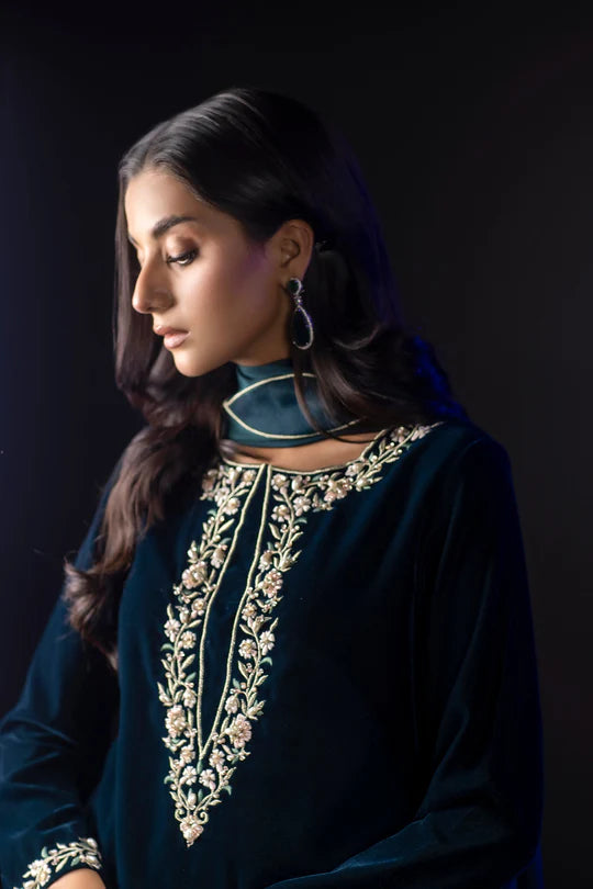 ZAB Embroidered Velvet Dress with Embroidered Karandi Shawl - zab990
