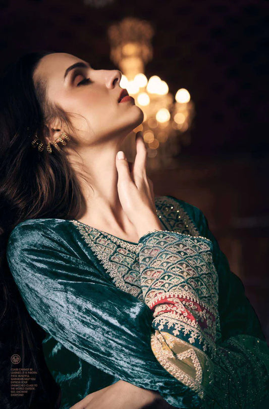 Aiqa Frock style - Winter 3PC Velvet Embroidered Suit - zab942
