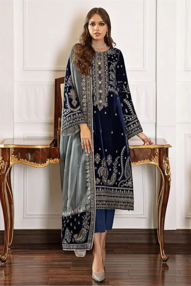 Baroque- Winter 3PC Velvet Embroidered Suit - zab971