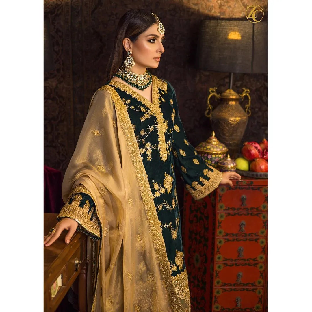 Velvet Heavy Embroidered Shirt With Organza Heavy Embroidered Dupatta - zab983