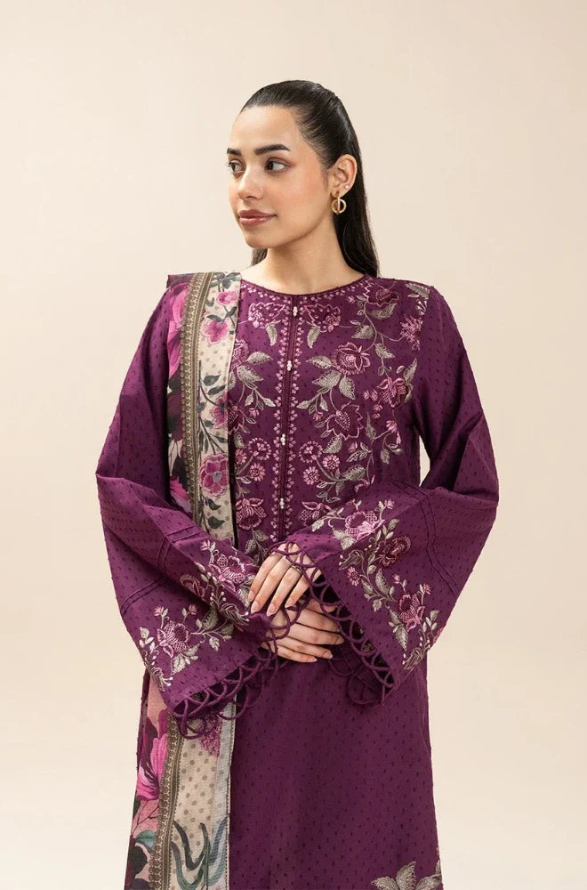 Beechtree - 3PC Dhanak Embroidered Shirt With Wool Printed Dupatta and Trouser - zab1540