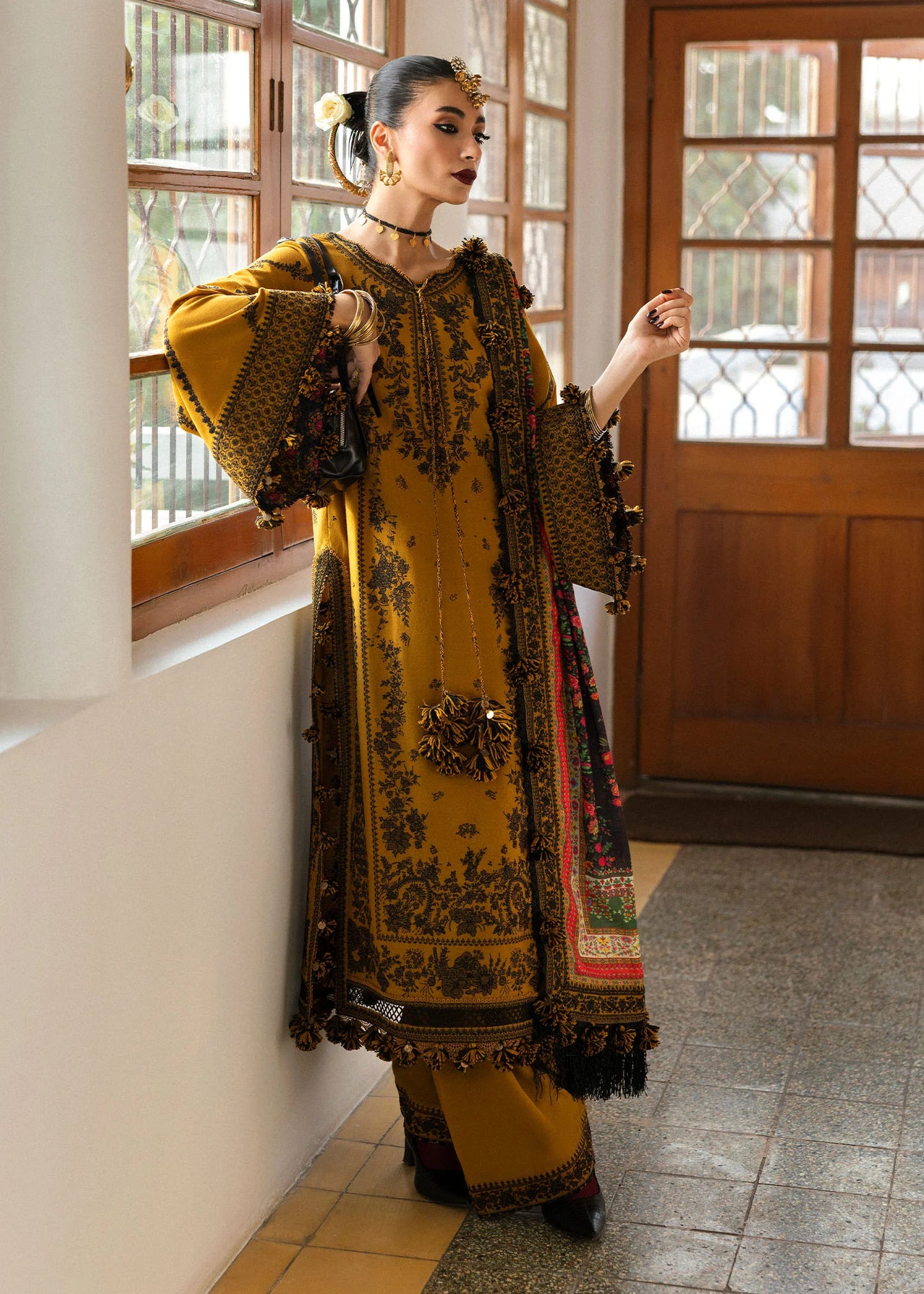 Hussain Rehar -3PC DHANAK EMBROIDERED SHIRT WITH COURTRAI WOOL PRINT SHAWL - zab1274