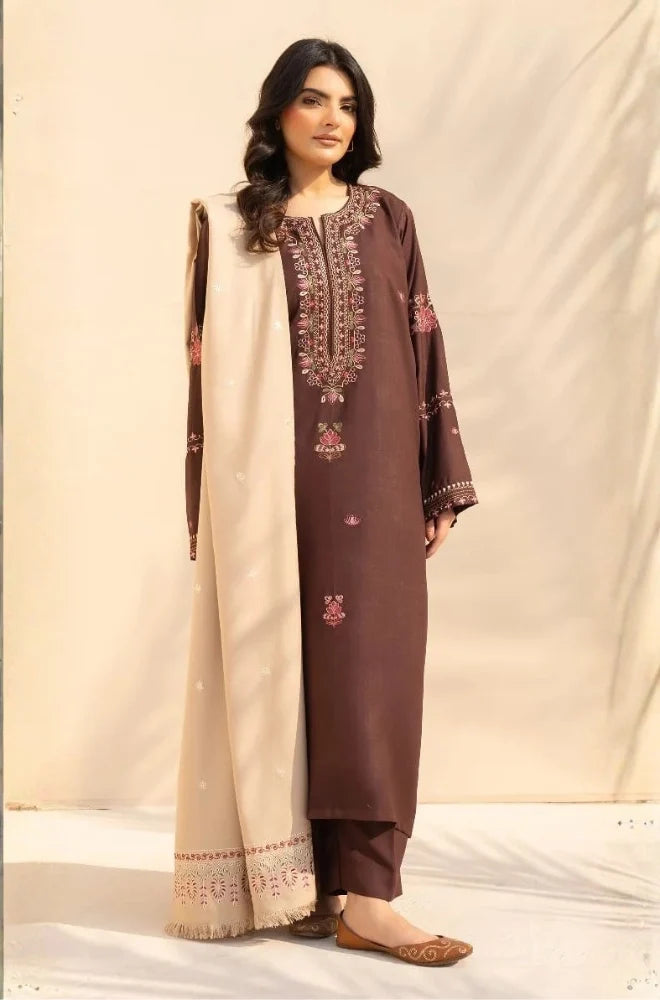 3PC Dhanak Embroidered Shirt With Wool Printed Dupatta and Trouser - zab1511