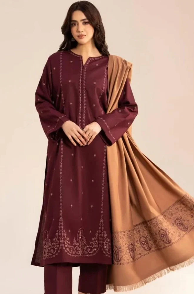 Sapphire - 3PC Dhanak Embroidered Shirt With Wool Embroidered Dupatta and Trouser - zab1510