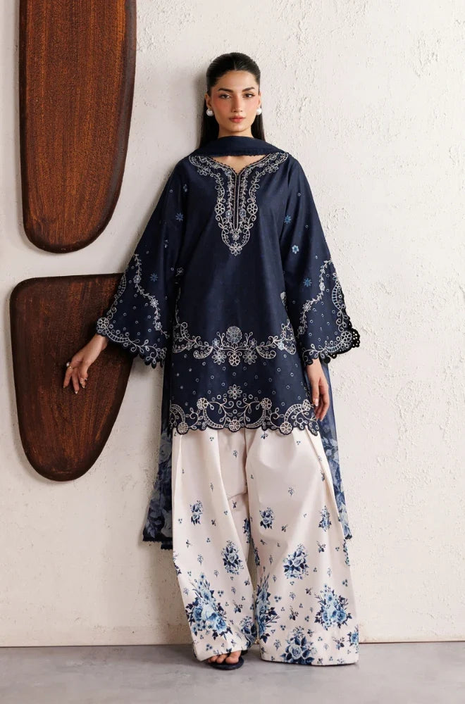Iznik - 3PC Unstitched Silk Embroidered Shirt with Digital Printed Shawl and Trouser - zab1546