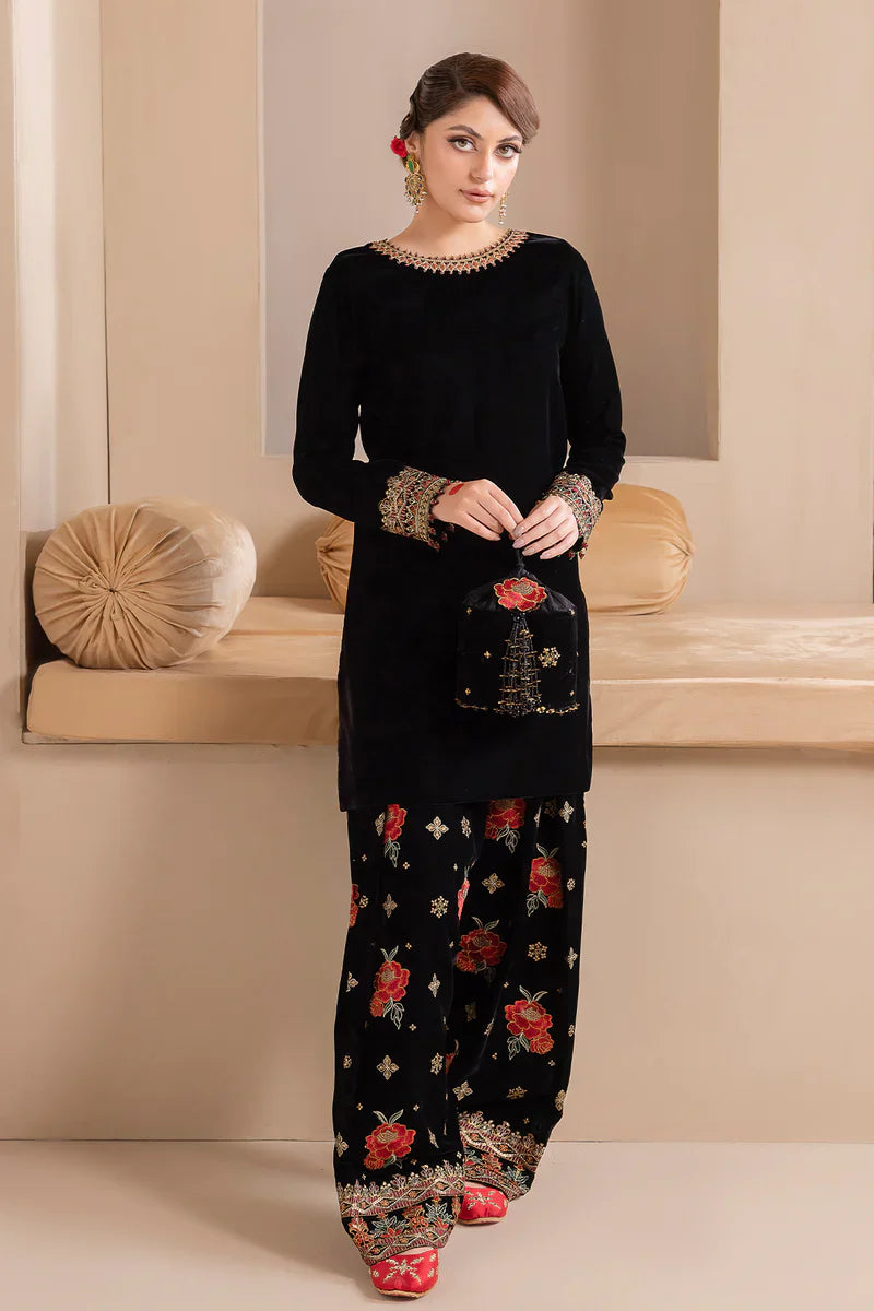 Embroidered Velvet Dress With Organza embroidered Dopata - zab978