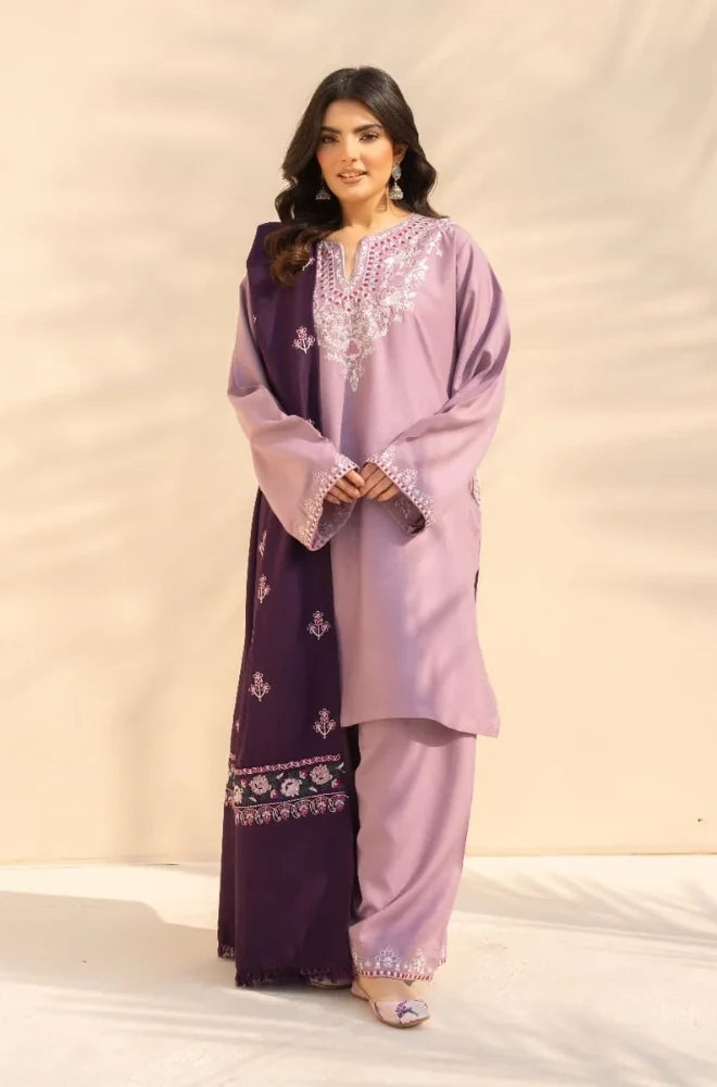 3PC Dhanak Embroidered Shirt With Wool Embroidered Dupatta and Trouser - zab1512