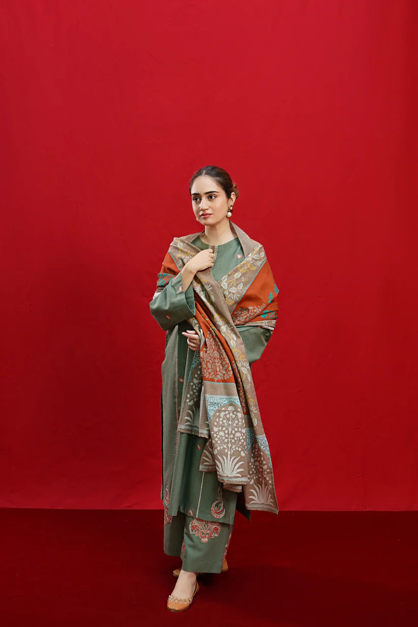 zab870 - 3PC DHANAK EMBROIDERED SHIRT WITH PASHMINA PRINT SHAWL
