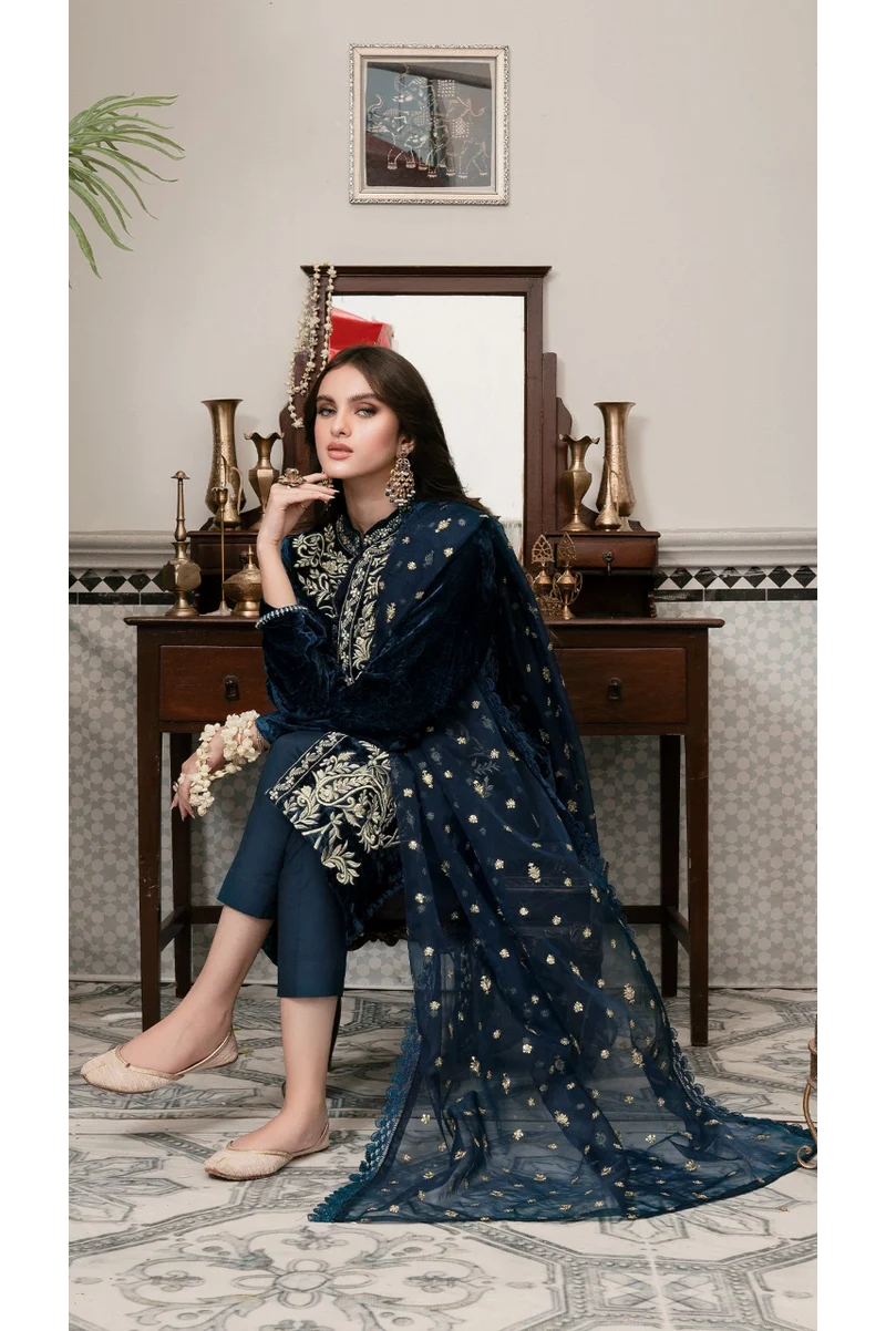 Jazmin - Embroidered Velvet 3-Piece Dress - zab984
