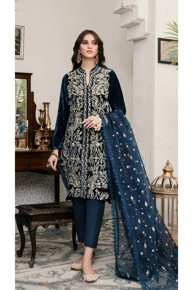 Jazmin - Embroidered Velvet 3-Piece Dress - zab984