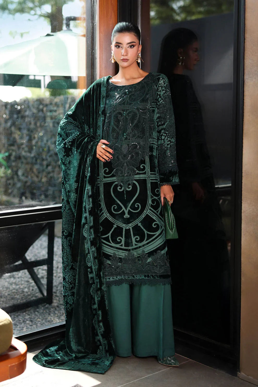 MARIA B - Luxury Velvet with heavy embroidered spangle work Velvet Shawl - zab998