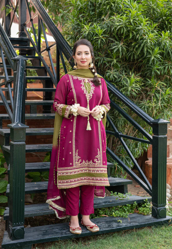 MEENA 3-PC Front fully lawn Emb with bamber chiffon dubbta Embroidered zab757