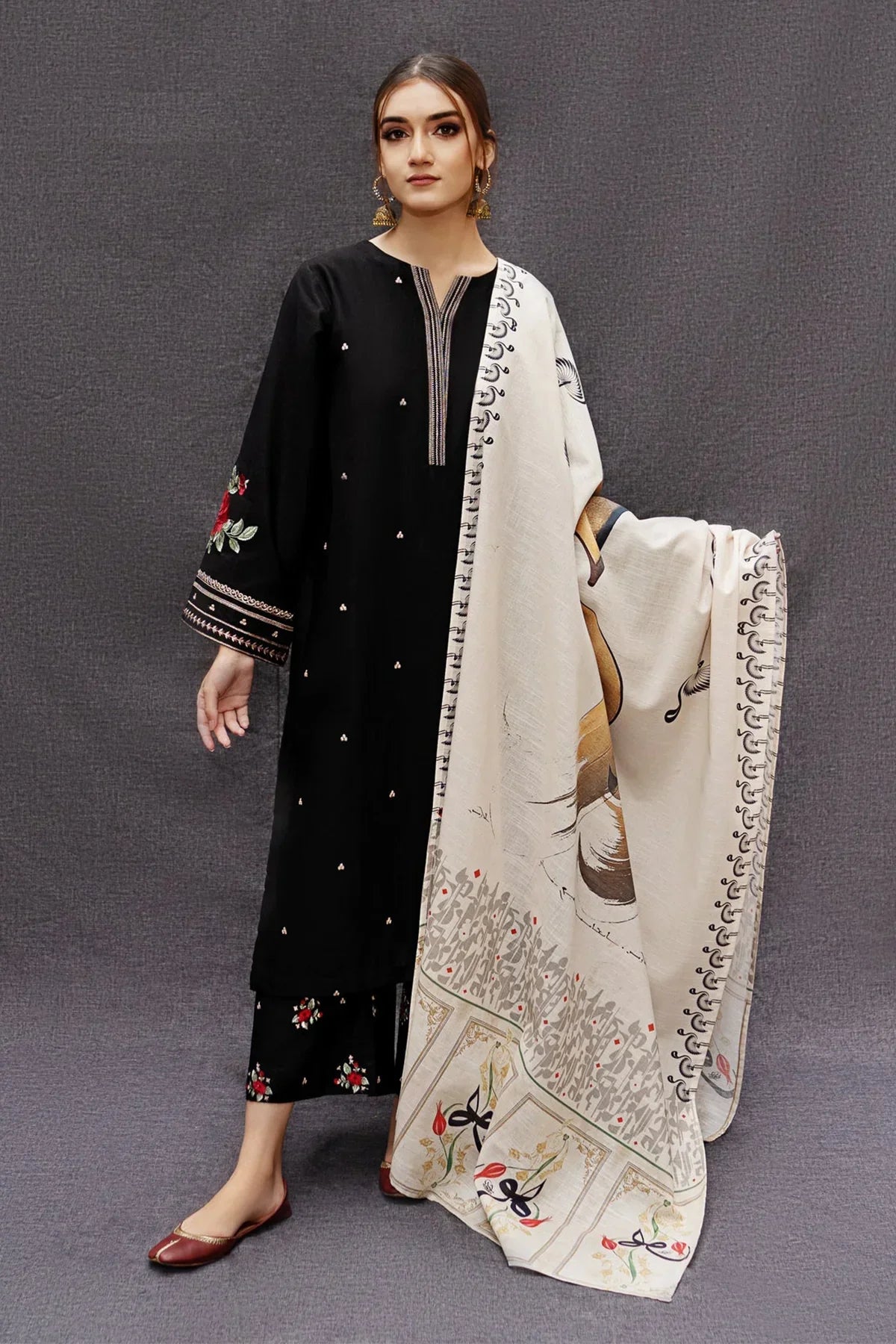DHANAK 3PC EMBROIDERED SHIRT WITH DIGITAL PRINTED WOOL SHAWL- zab1127
