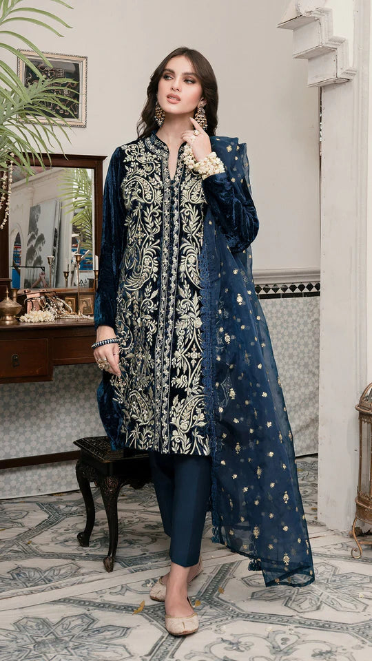 Jazmin - Embroidered Velvet 3-Piece Dress - zab984