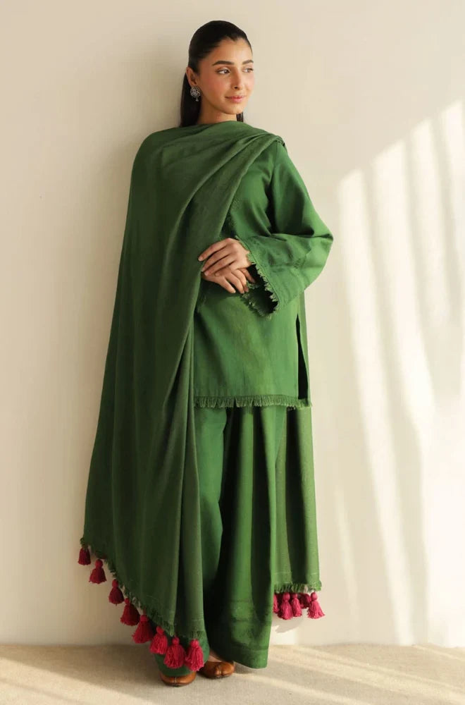 Premium Emerald Green 3-Piece Unstitched Suit with MaTching Shawl - zab1518