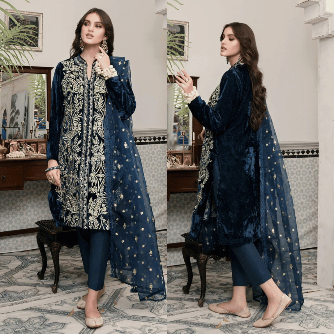 Jazmin - Embroidered Velvet 3-Piece Dress - zab984