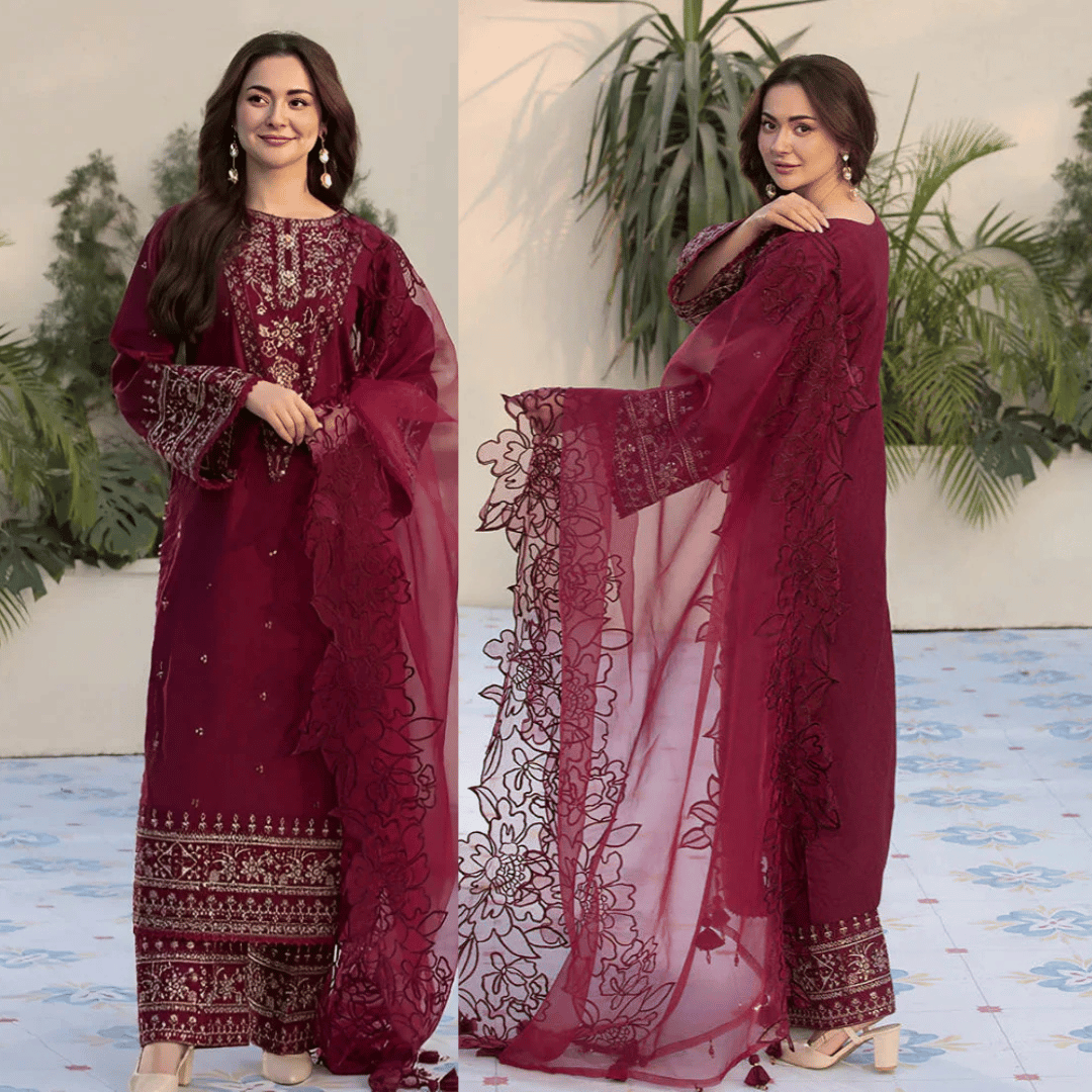 Velvet 3-Piece Dress with Embroidered Organza Dupatta - zab948