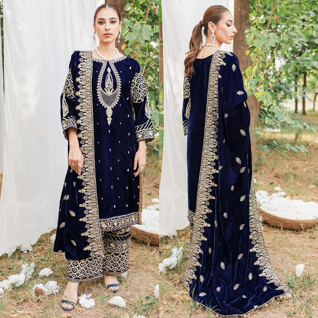 3PCs Velvet Embroidered Dress With Velvet Embroidered Shawl - zab967