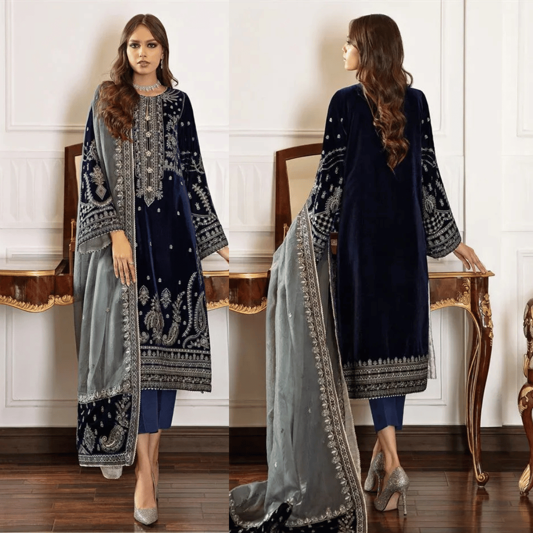 Baroque- Winter 3PC Velvet Embroidered Suit - zab971