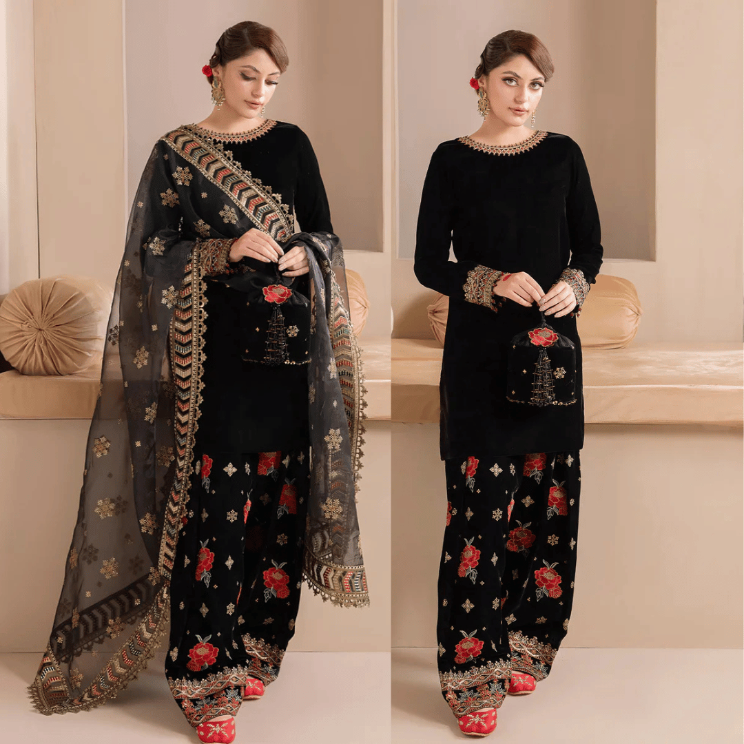 Embroidered Velvet Dress With Organza embroidered Dopata - zab978
