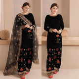 Embroidered Velvet Dress With Organza embroidered Dopata - zab978