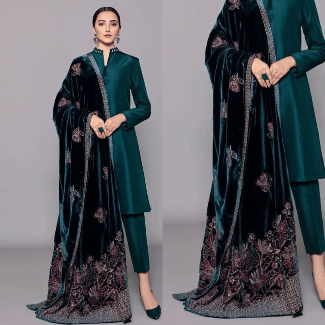 3PCs Shamoz Silk Dress With Heavy Embroidered Velvet Shawl - zab982