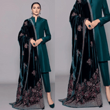 3PCs Shamoz Silk Dress With Heavy Embroidered Velvet Shawl - zab982