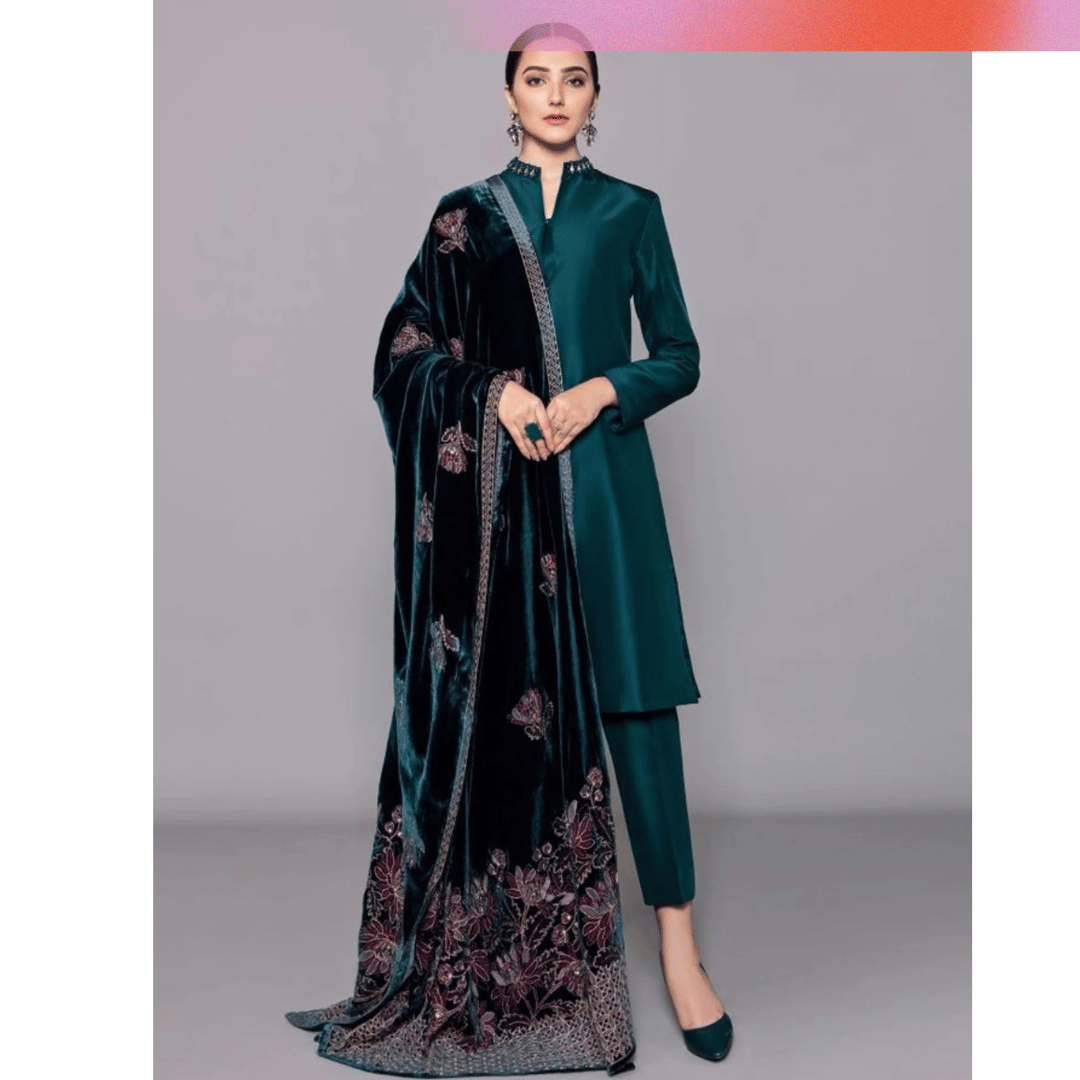 3PCs Shamoz Silk Dress With Heavy Embroidered Velvet Shawl - zab982