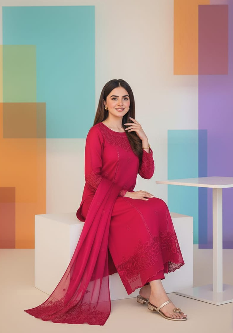 LimeLight - Dhanak 3 Piece Embroidered Dress - zab1243