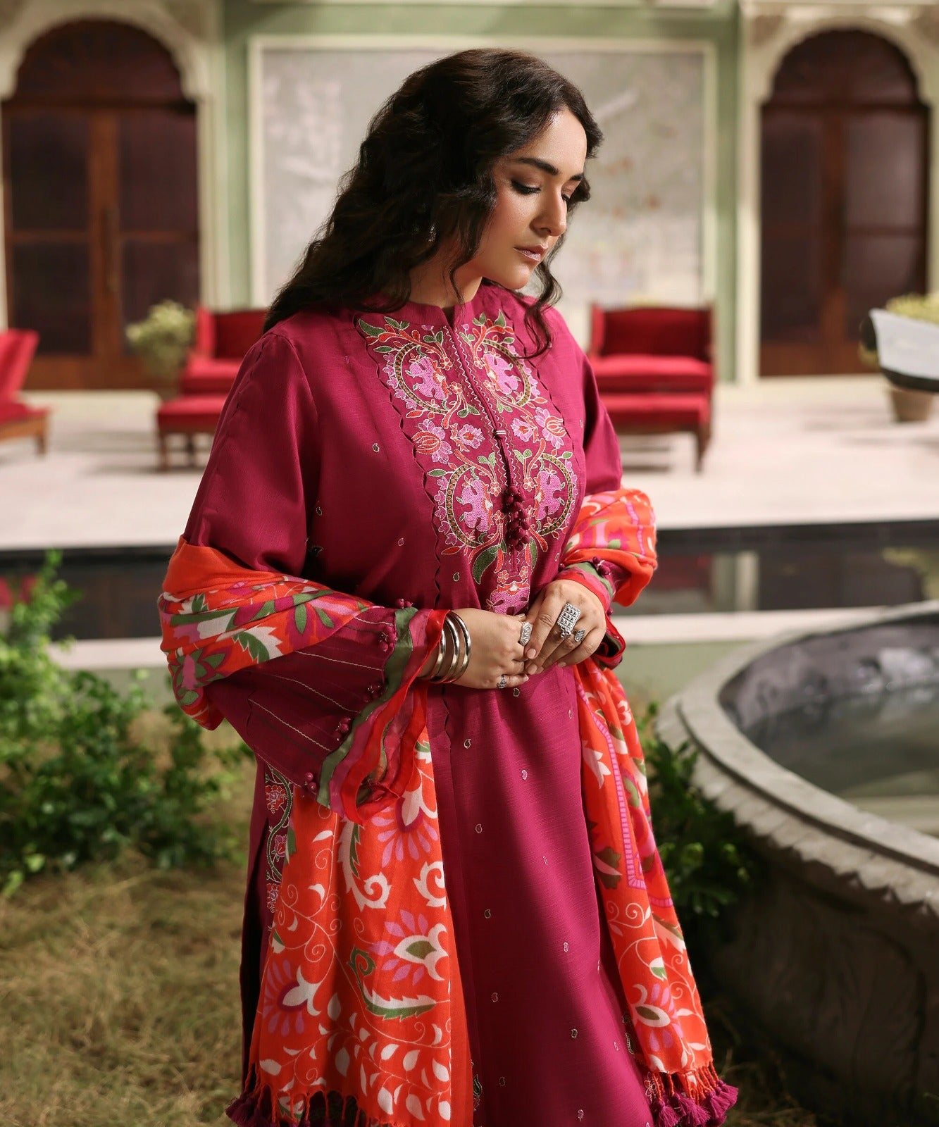 Sapphire - -3PC DHANAK EMBROIDERED SHIRT WITH COURTRAI WOOL PRINT SHAWL - zab1265