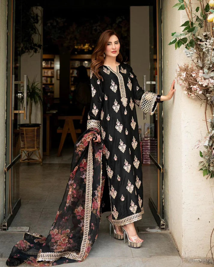 Mushq - 3PC Dhanak ChickenKari Embroidered Suit - zab1220