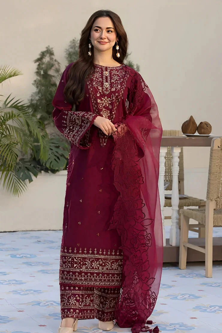 Velvet 3-Piece Dress with Embroidered Organza Dupatta - zab948