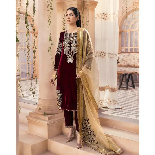 Jazmin - Embroidered Velvet 3-Piece Dress - zab986