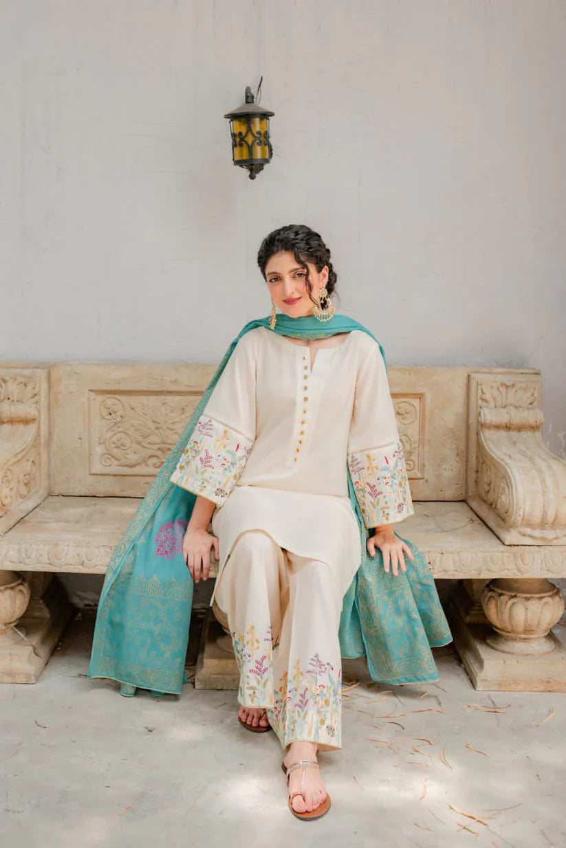 zab683 off white Dhanak Embroidered three piece With Dhanak Shawl