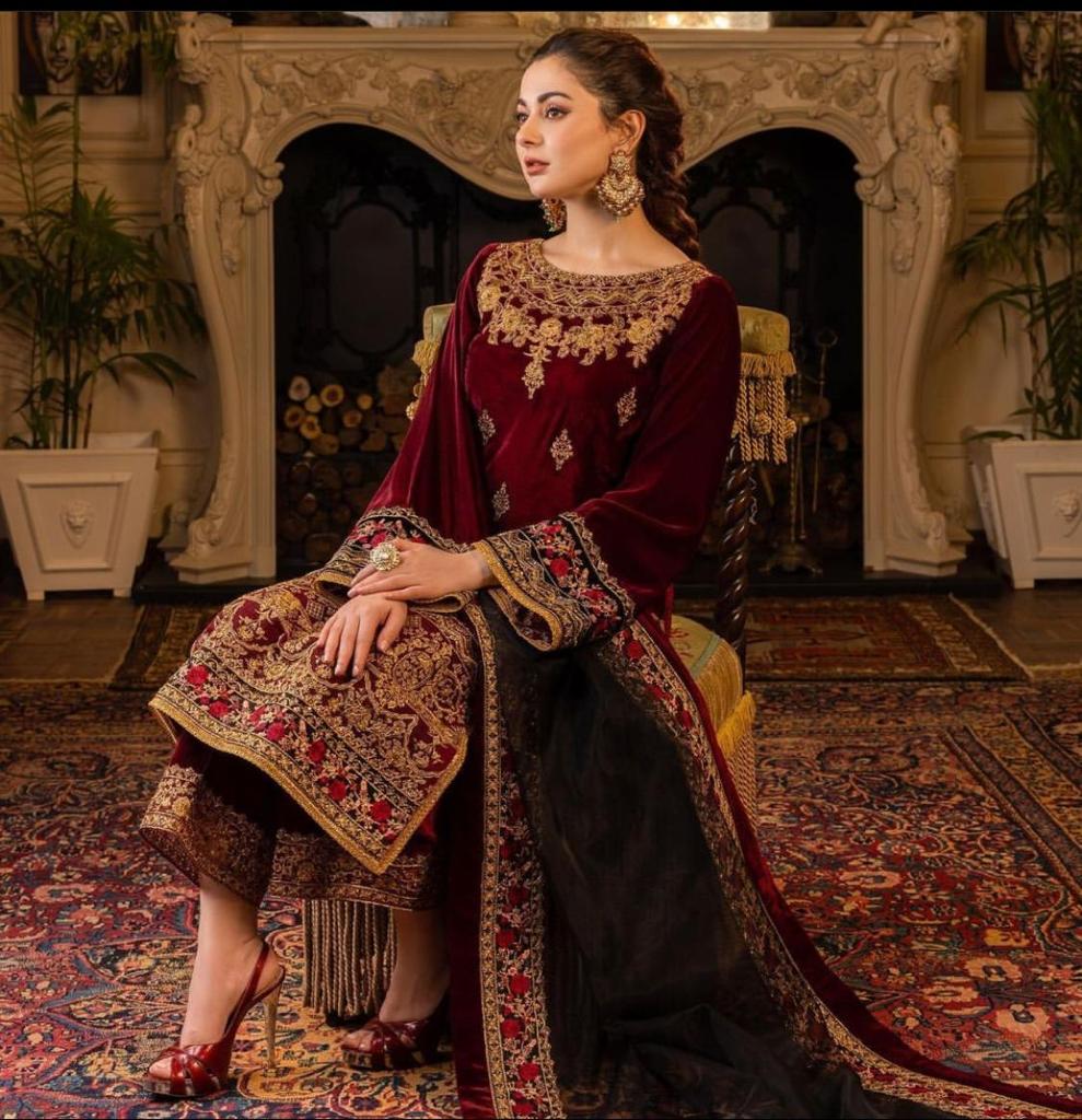 ZAB617 3PC Velvet Heavy Embroidered Shirt With Organza Heavy Embroidered Dupatta