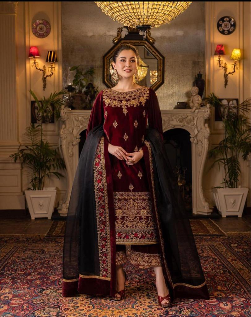 ZAB617 3PC Velvet Heavy Embroidered Shirt With Organza Heavy Embroidered Dupatta