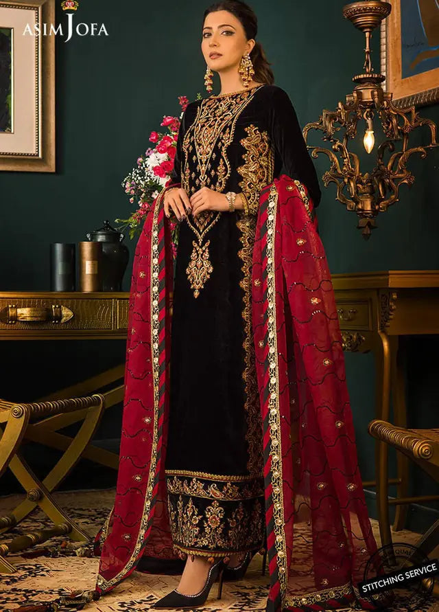 Asim jofa Embroidered Velvet 3piece suit - zab976