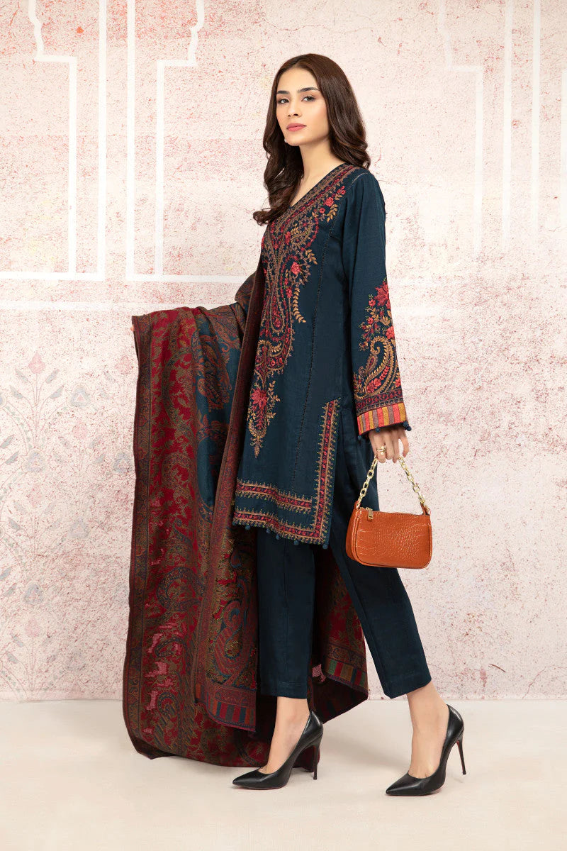 zab658 3PC Khaddar Embroidered Suit with Print Wool Shawl