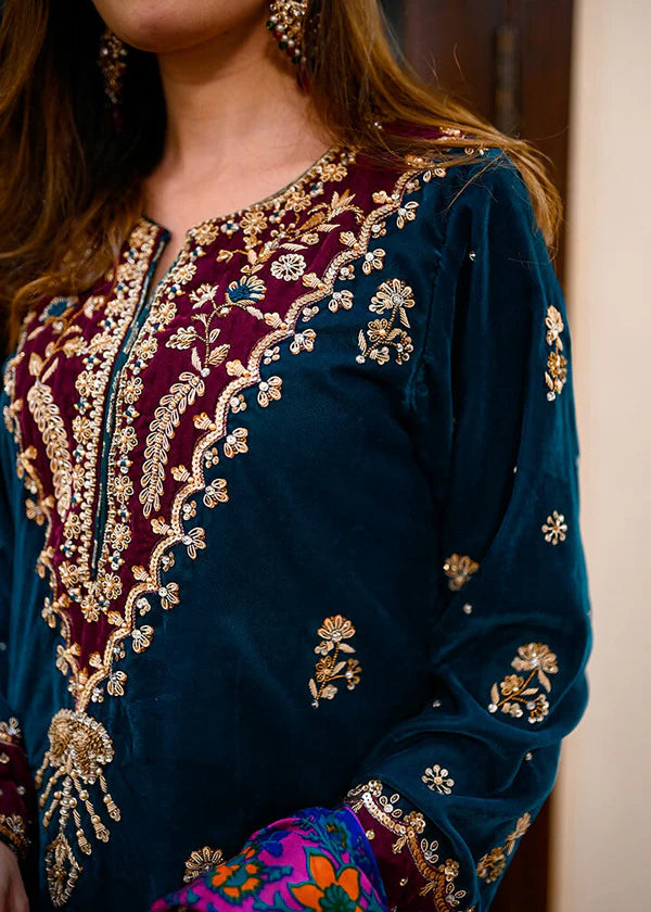 ZAB - Embroidered Velvet Dress with Wool Shawl - zab989