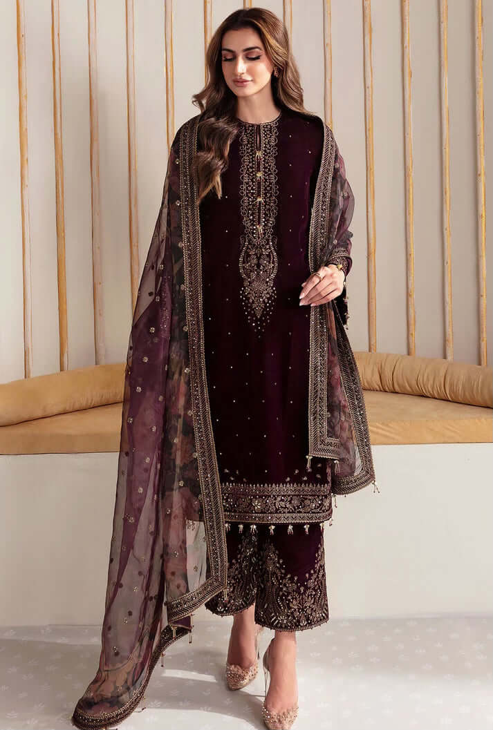 zab961 Winter Unstitched 3PCs Velvet Embroidered Dress With Embroidered Organza Dupatta