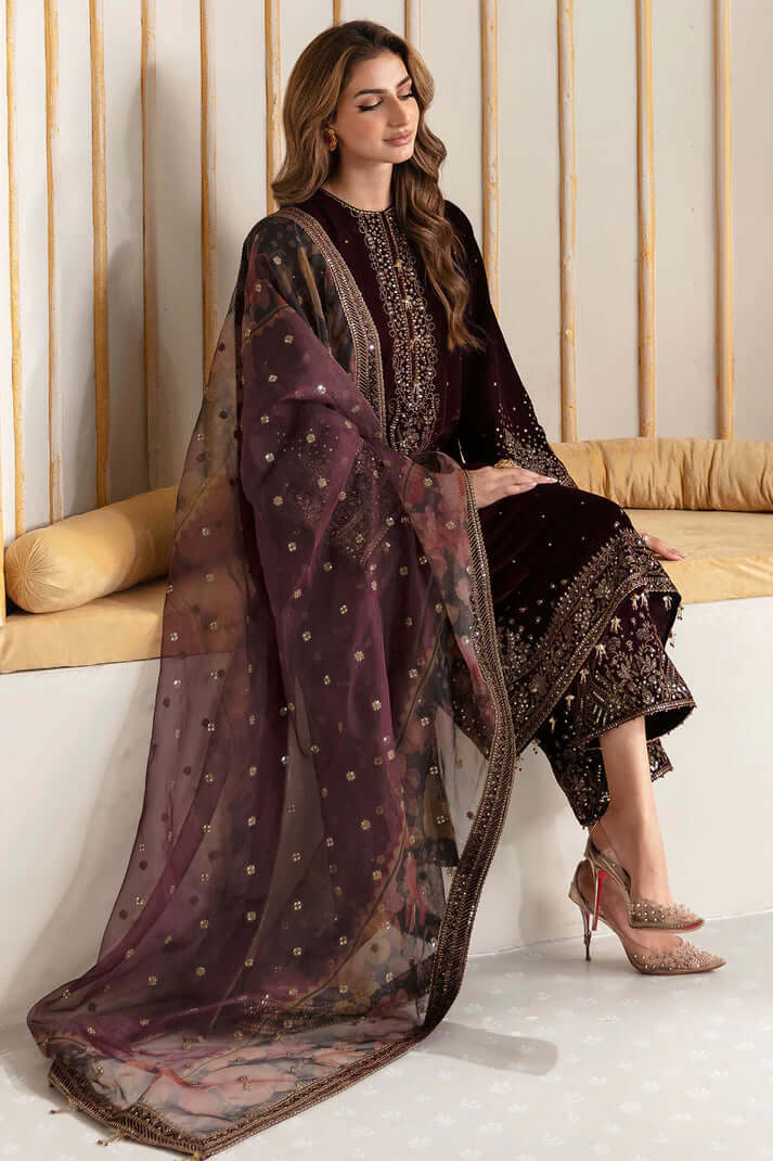 zab961 Winter Unstitched 3PCs Velvet Embroidered Dress With Embroidered Organza Dupatta