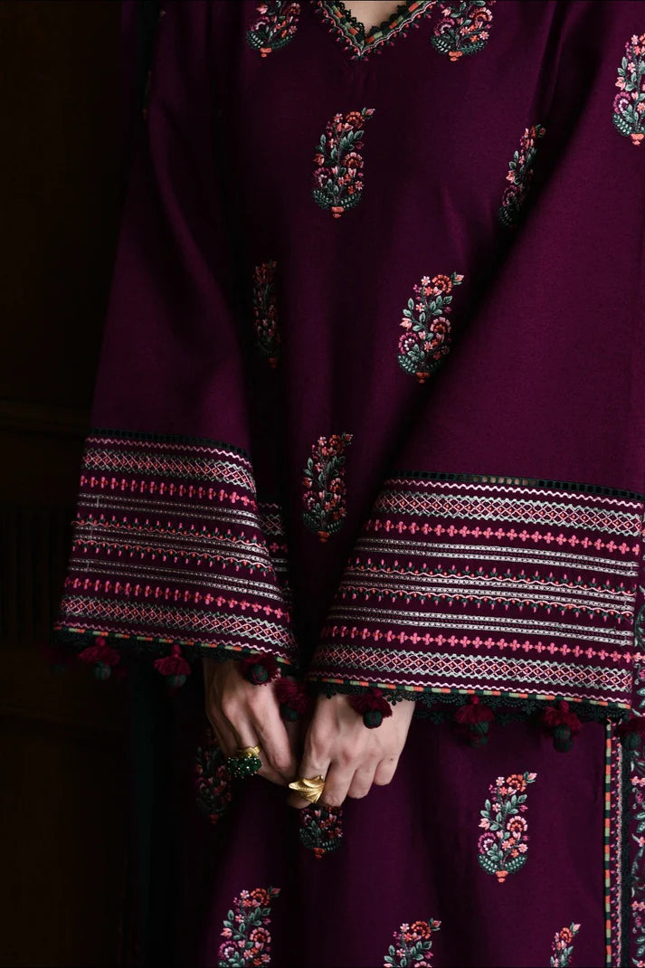 JAZMIN - 3PC DHANAK EMBROIDERED SHIRT WITH DHANAK EMBROIDERED SHAWL AND TROUSER - zab1240