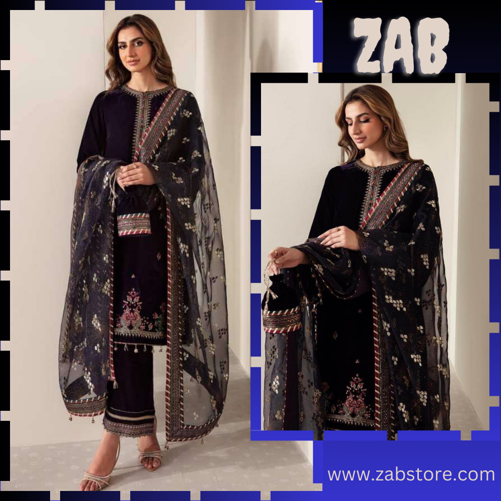 zab952 3-Piece Unstitched Heavy Embroidered Velvet Suit ( Four Sided Embroidered Organza Dupatta )